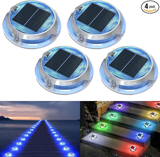 Quntis RGB Solar Deck Lights 4 Pack, 11 Lighting Modes Solar Driveway Lights Outdoor Waterproof IP68, Step and Deck Light for Outside Stair Pathway Walkway