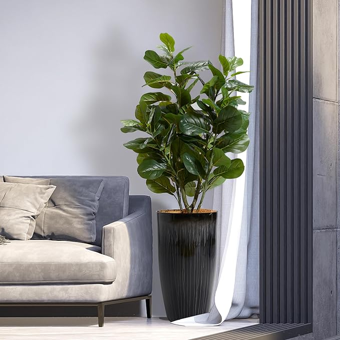 Worth Garden 23.5" H. Large Plastic Planters - Set of 2 Gradient Black Glossy Smooth Finish - Tall Plant Pots for Indoor & Outdoor Use - Decorative Lightweight Flower Pots for Front Porch, Patio, Deck