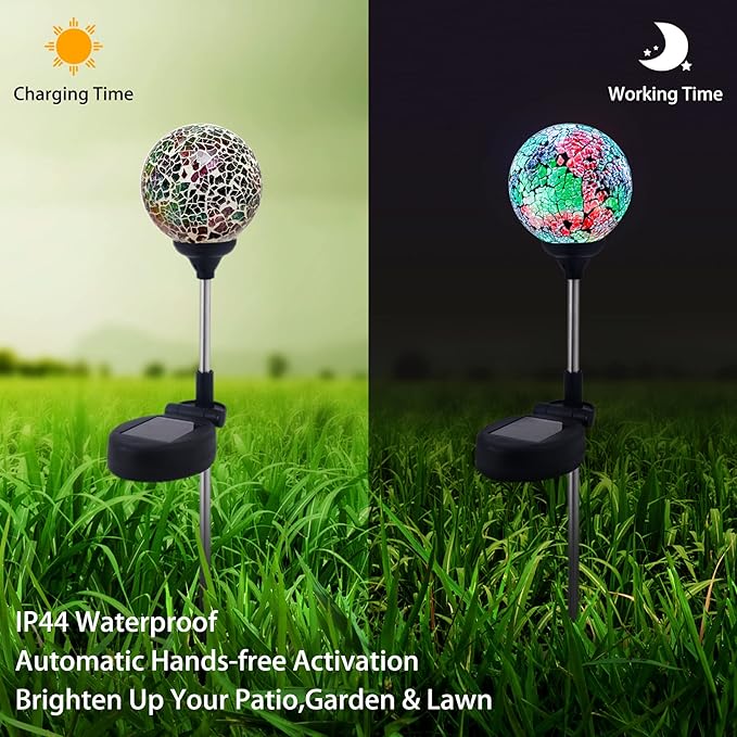 WNP Solar Powered Lights Outdoor Decorative Waterproof Mosaic Solar Garden Stakes Multi Color Crackle Glow Glass Ball Lights for Patio Pathway Yard