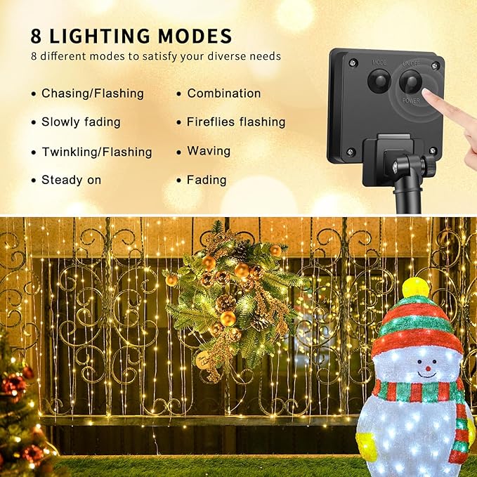 JMEXSUSS Solar String Lights 200 LED, Warm White, Waterproof, 66ft, 8 Modes, IP44, Outdoor Patio, Garden, Christmas Decoration