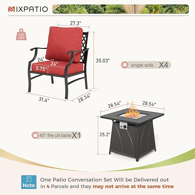 Patio Furniture Set with Fire Pit Table, 5 Pcs Metal Outdoor Conversation Set, 4 Single Chairs with 5.75" Extra Thick Cushion and 28" Fire Pit Table for Backyard Deck, Red