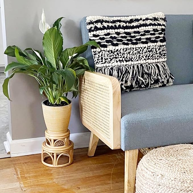 Set of 2 Small Boho Rattan Wicker Round Riser Plant Stand Indoor,Rustic Farmhouse Natural Wooden Circle Pedestal for Decor & Display, Tabletop, Office Decor