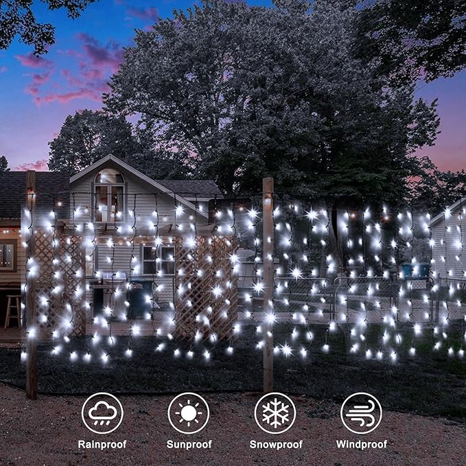 echosari Solar Powered Curtain Lights 33ftx 3ft 500 LED Outdoor Curtain Lights Waterproof with Timer 8 Modes for Christmas Garden Patio Fence Wedding Wall Window Gazebo Decor - Cool White