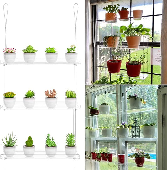 3-Tier Clear Hanging Window Plant Shelves 16In, Height Adjustable Acrylic , Indoor Windows Wall Hanging Plant Stand Flower Display, Flower Pot Organizer Storage for Grow Herbs, Microgreens, Succulents