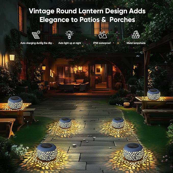 Solar Lanterns Outdoor Waterproof: 2 Pack White Hollow Out Metal Solar Lights - 2 Lighting Colors Outside Garden Yard Porch Indoor Tabletop Retro Decorations - Unique Gifts for Women Mom Wife