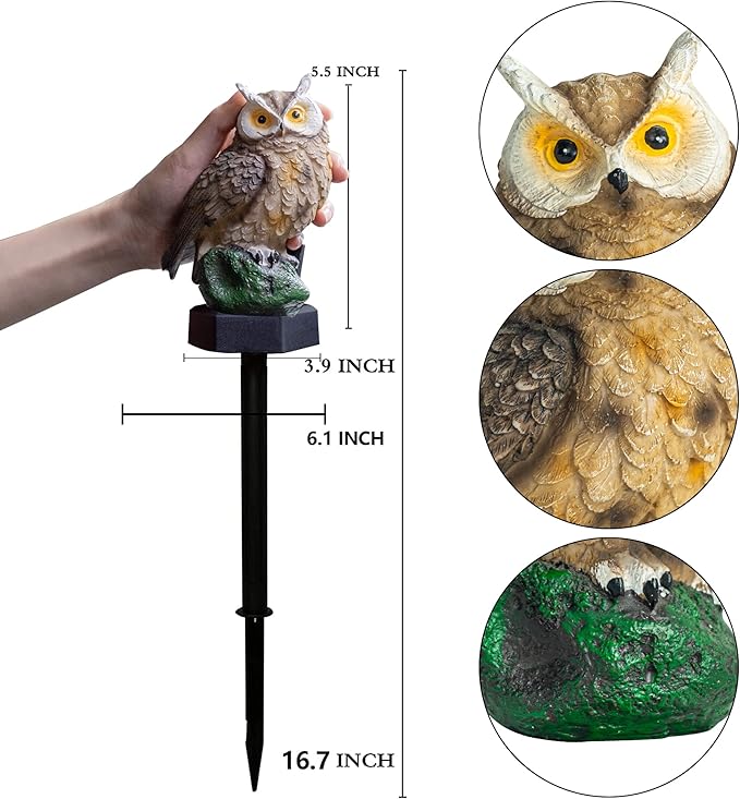 Dazzle Bright Owl Figure Solar LED Lights, Resin Garden Waterproof Decorations with Stake for Outdoor Yard Pathway Outside Patio Lawn Decor to Scare Birds Away, Brown (2 Pack)