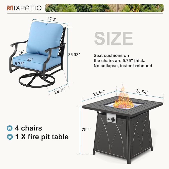 Patio Furniture Set with Fire Pit Table, 5 Pcs Metal Outdoor Conversation Set, 4 Swivel Chairs with 5.75" Extra Thick Cushion and 28" Fire Pit Table for Backyard Deck, Blue