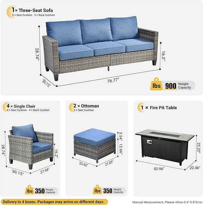 ovios 8 Pieces Patio Furniture Set with 54" Fire Pit Table, Outdoor Wicker Sofa with Comfy Cushions, All Weather High Back Rattan Couch Conversation Set, Denim Blue