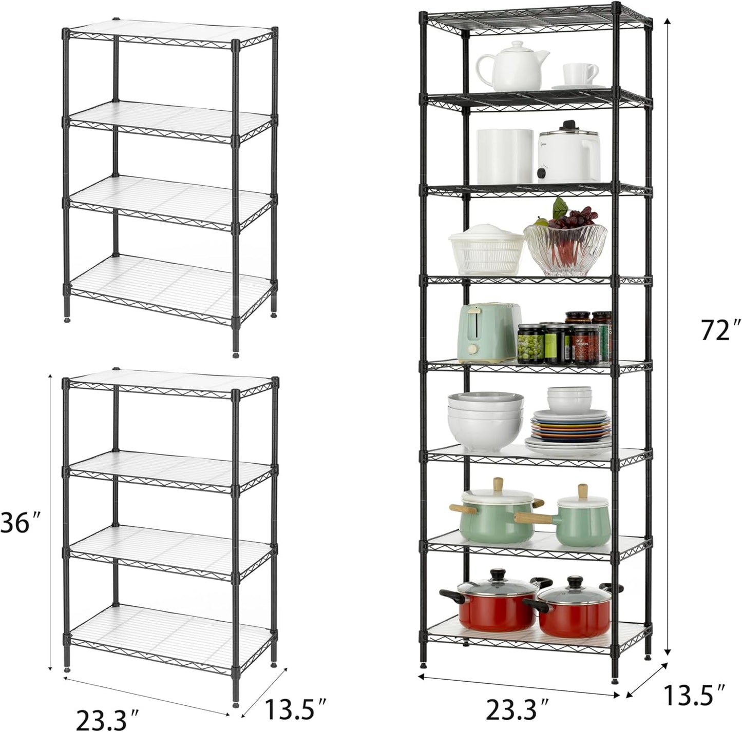 Finnhomy 8-Tier Wire Shelving Unit Adjustable Steel Wire Rack Shelving 8 Shelves Steel Storage Rack or Two 4-Tier Shelving Units with PE mat, Leveling Feet and Safety Device, NSF Certified, Black