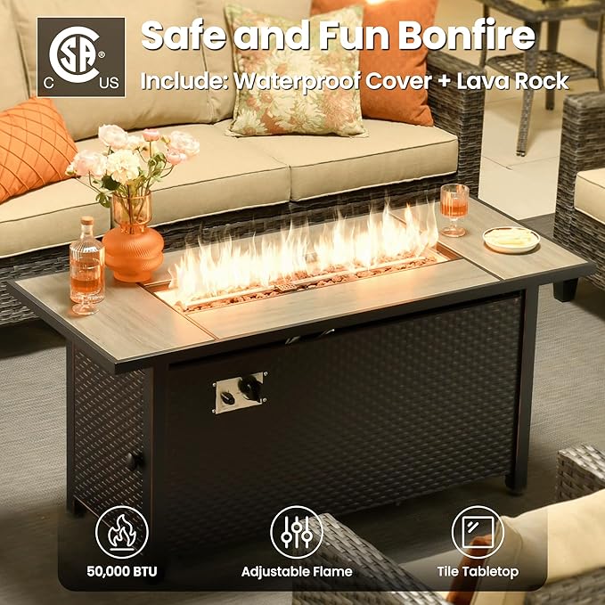 ovios 7 Pieces Patio Furniture Set with 54" Fire Pit Table, Outdoor Wicker Sofa with Comfy Cushions, All Weather High Back Rattan Couch Conversation Set, Beige