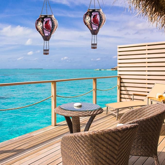 pearlstar Hot Air Balloon Solar Lantern with Flickering Flame Light Outdoor Solar Hanging Lights Waterproof for Garden Yard Farmhouse Patio Pathway Christmas Decoration,Glass&Metel(Cardinal)