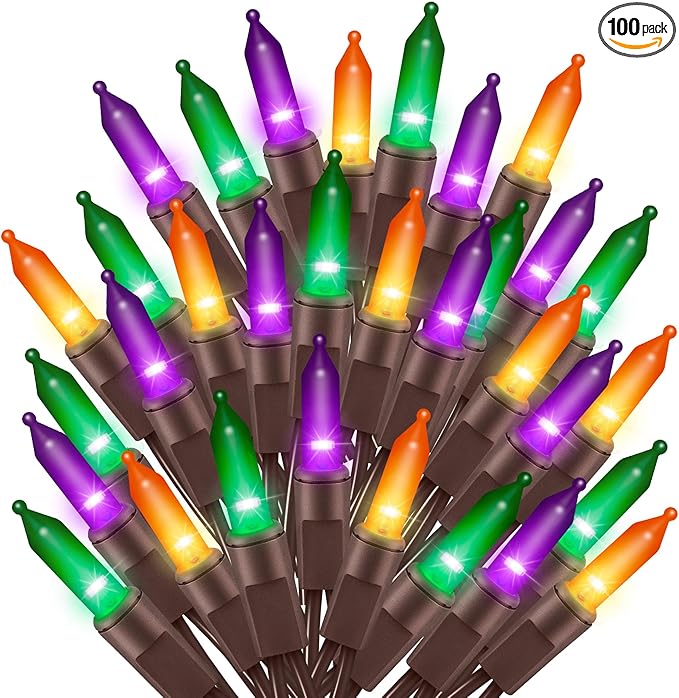 Ultra-Bright Connects End to End Orange Purple and Green Christmas Mini Lights 100L 19.6Ft UL Listed Incandescent Bulb String Light Set for Indoor Outdoor Halloween Home Garden Tree Decor
