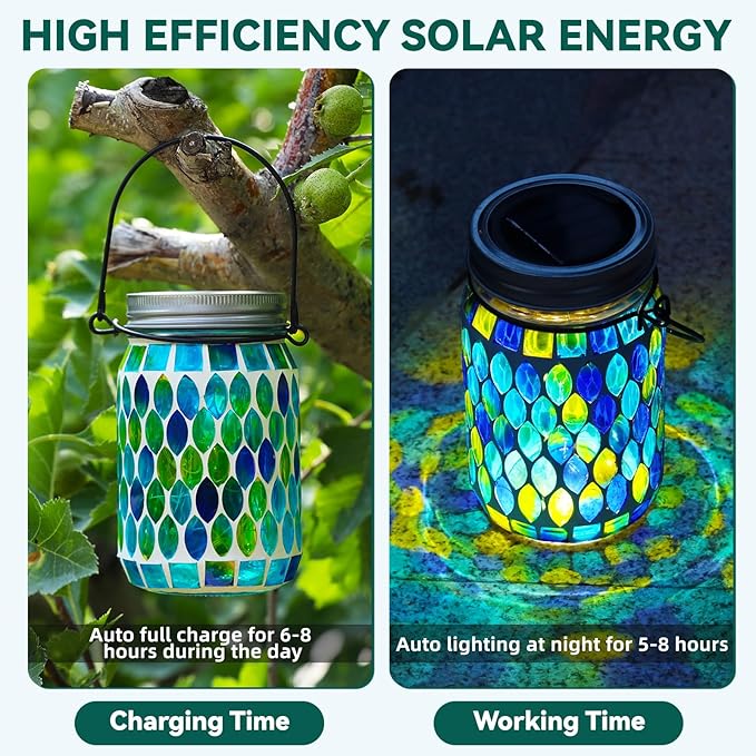 VOREEN 2 Pack Mosaic Solar Lanterns, Outdoor Glass Hanging Lights, Solar Table Lamps, Waterproof Night Lights, Jar Lights Easter Gifts, Decoration for Garden, Patio, Yard, Balcony, Blue&Red