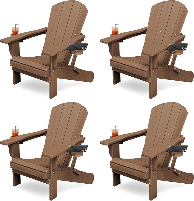 KINGYES Folding Adirondack Chair Set of 4, Dual Cup Holders & All-Weather HDPE, Wood-Like Patio Chair for Backyard, Camping, Pool & Fire Pit, Brown