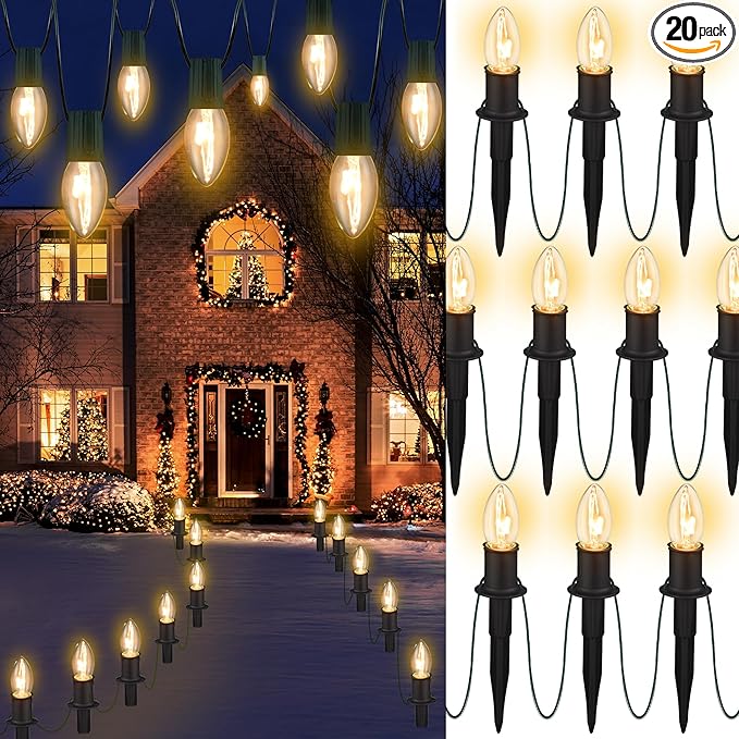 Outdoor Warm Christmas Pathway Lights, 24.2ft 20 Lights with Stakes, Outside Walkway Marker, C9 Christmas Decor, Driveway Decorations, Waterproof, Hanging or Plugging