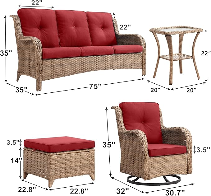 Outdoor Wicker Patio Furniture Set - 6 Piece Rattan Patio Conversation Set with 2 Rocking Swivel Chairs,2 Ottomans,1 Sofa and 1 Side Table for Porch Deck Backyard Garden(Yellow/Red)