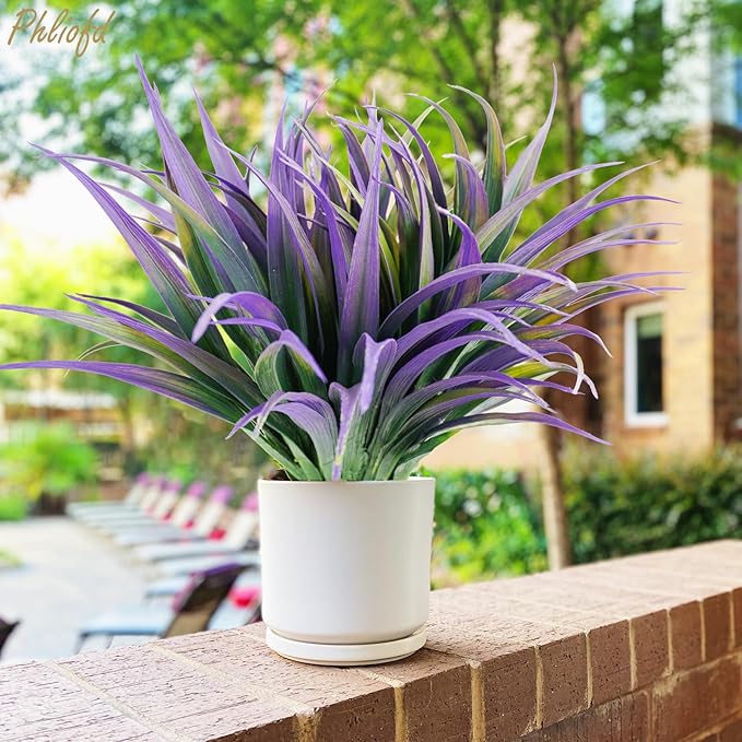 6Pcs Artificial Grass Fake Plants 17.3in Outdoor Plants UV Resistant Faux Greenery Stems Fake Grass for Home Window Garden Office Patio Pathway Front Porch Halloween Décor Green & Purple