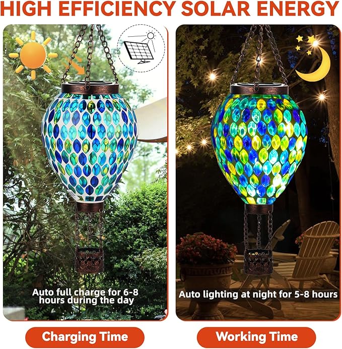 VOREEN Hot Air Balloon Solar Lantern, Mosaic Solar Outdoor Hanging Wind Light, Waterproof, Patio Festive Decor, Easter Gifts for Mom Father Grandma, Blue