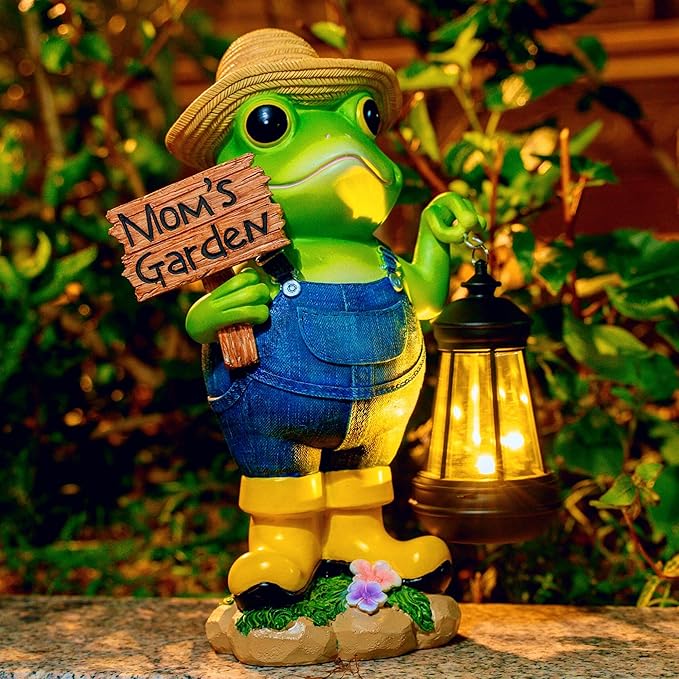 Frog Garden Decoration with Solar Lantern, Solar Frogs Statue Outdoor Decor Gift for Pathway Yard Lawn Patio - Frog Gift Sculptures for Women Mom Grandma, Mom's Garden
