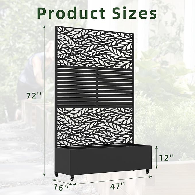 Casaphoria Metal Raised Garden Bed with Trellis and Wheels, 72"x47"x16" Planter Box for Climbing Plants, Vegetables & Vines, Features Drainage Holes and Privacy Screen, Black(Spring&Louvered)