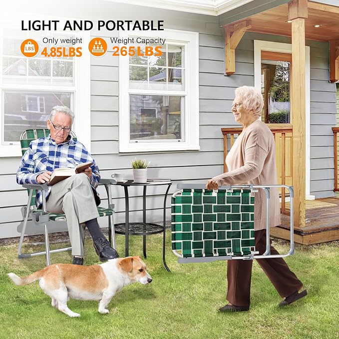 VINGLI Folding Aluminum Webbed Lawn Chairs with Detachable Cup Holder, High Beach Chair for Adults Heavy Duty, Portable Patio Chair, Camping Chair for Yard, Garden, 2 Pack