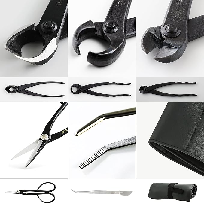 Wazakura Made in Japan 5PCS Bonsai Tool Kit with Roll Bag: Yasugi Steel Satsuki Bonsai Scissors, Concave Branch Cutter, Knob Cutter, Wire Cutter, Tweezers - 5 Tools Satsuki Set with Case