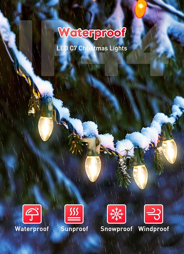 LED Christmas String Lights, 100FT C7 Vintage Christmas Lights with 104 Bulbs(4 Spare), Commercial Connectable Christmas Tree Lights for Xmas Holiday Roofline Garden Wedding Decor