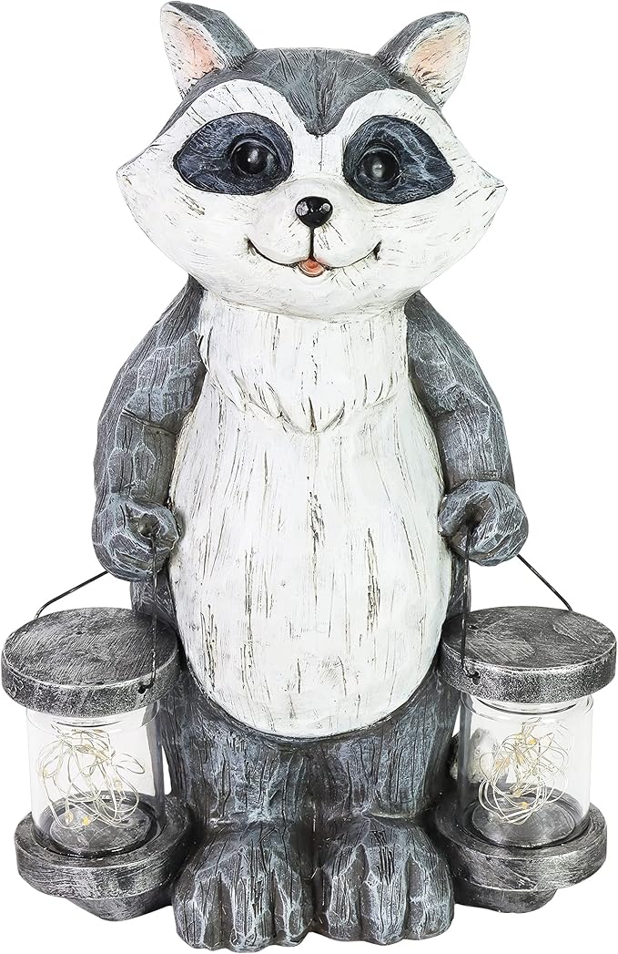 Exhart Garden Sculpture, Raccoon Solar Garden Statue with 2 Jars, 16 LED Firefly Lights, Outdoor Garden Decoration, 7.5 x 9 x 10.5 Inch