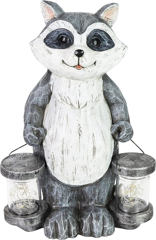 Exhart Garden Sculpture, Raccoon Solar Garden Statue with 2 Jars, 16 LED Firefly Lights, Outdoor Garden Decoration, 7.5 x 9 x 10.5 Inch