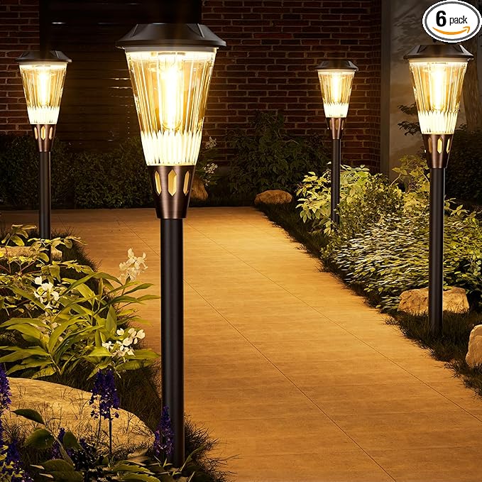 Bright Solar Lights Outdoor 6 Pack, 2-in-1 Cool&Warm Solar Pathway Lights, Pathway Landscape Lighting Waterproof IP65, Auto On/Off Outdoor Light for Yard Walkway Garden Driveway Landscape