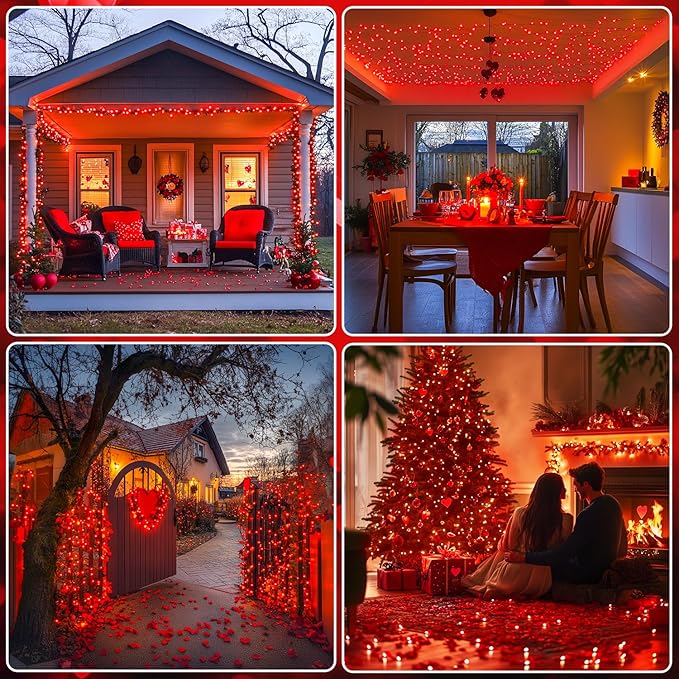 JMEXSUSS 2 Pack Red Solar Lights, Each 100 LED 33ft Valentine Solar Lights Outdoor, 8 Modes Christmas String Lights for Outside Valentine Day Tree Yard Decor