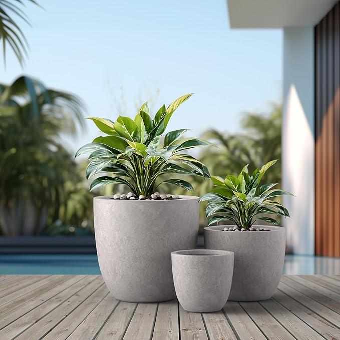 Kante 18",14",10" Dia Concrete Round Planters (Set of 3), Outdoor Indoor Large Planter Pots with Drainage Hole and Rubber Plug for Home Patio Garden, Light Gray