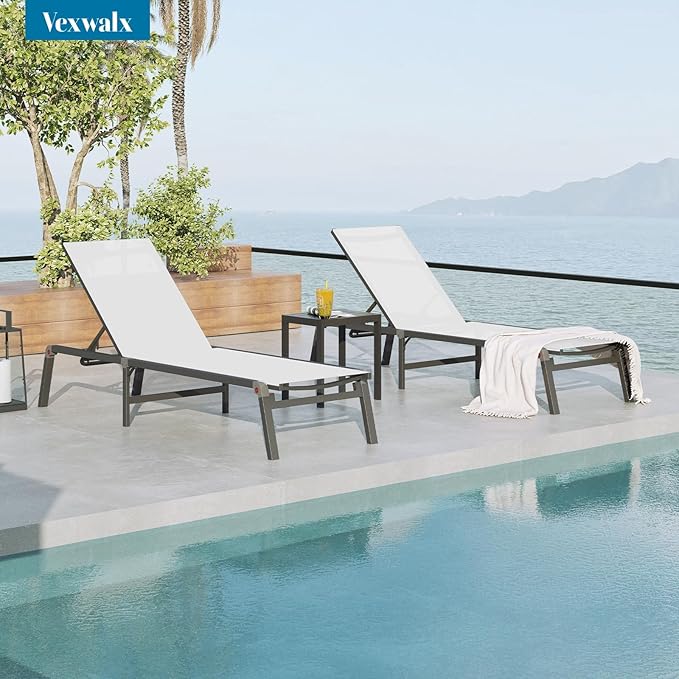 Chaise Lounge Outdoor, Foldable Aluminum Pool Lounge Chairs with 5 Positions Recliner - Free Assembly - Patio Chaise Lounge Chair for Poolside, Beach, Yard (White)