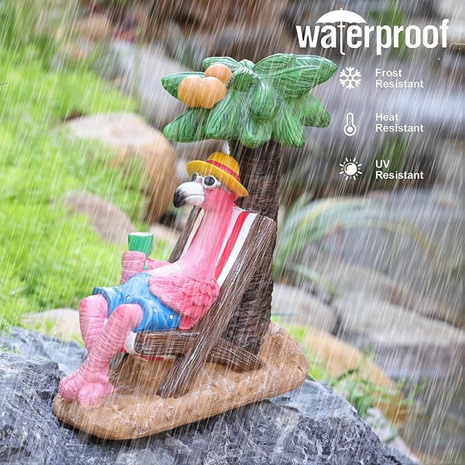 Pink Flamingos for Yard-Solar Statues Outdoor Garden Gifts - Flamingos on Beach Vacation Light up Coconut Tree for Outdoor Lawn Yard Decor