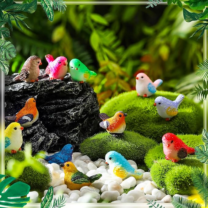 Wenqik 50 Pcs Mini Resin Bird Figurines Miniature Small Birds Figurines Realistic Animal for Fairy Terrarium Craft Garden Accessories Home Ornament Micro Landscape Birthday Cake Toppers Decor