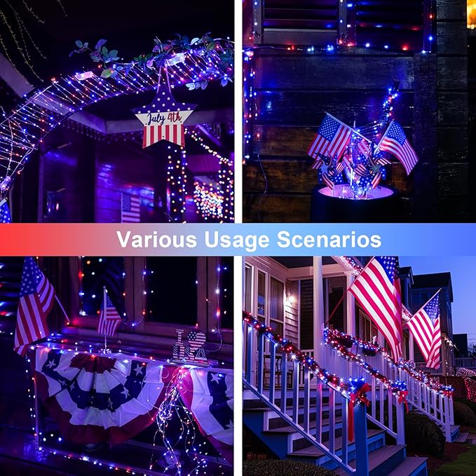 JMEXSUSS 2 Pack Red White and Blue Solar Lights, Each 100 LED 33FT Solar Fairy Lights Outdoor Waterproof, 4th of July Solar String Lights for Independence Day Outside Decorations