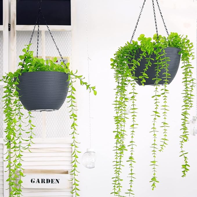 summer flower 2 Pack 9.9 Inch Self Watering Hanging, Deep Planters Hanging Pots for Indoor Outdoor Plants Hanging Baskets Hanging Plant Holder Plant Hanger for Flower Garden Porch Ceiling (Dark Gray)