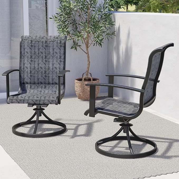 Grand patio Outdoor Swivel Dining Chairs Set of 2, 360 Degree Mesh Sling Rocker Sets for Deck, Garden Backyard, Black & Grey Plaid