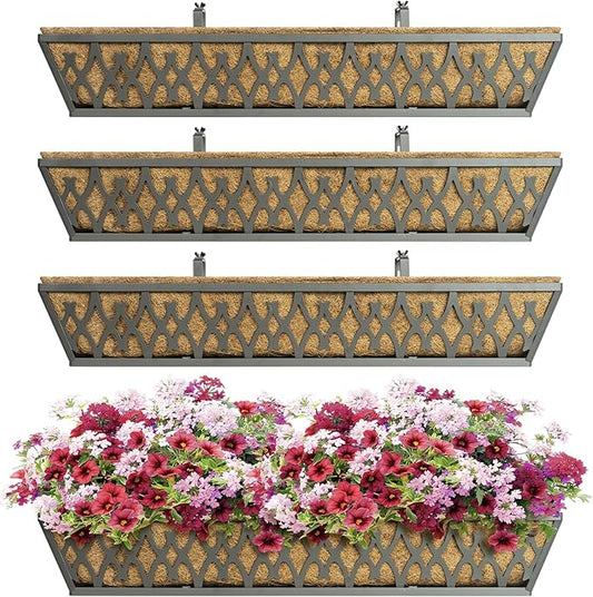 4 Pack 30 Inch Window Boxes Planters Railing Planter Box with Adjustable Brackets for Porch Fence Patio Balcony Hanging Flower Baskets with Coco Liners for Outdoor Garden Decor - Grey