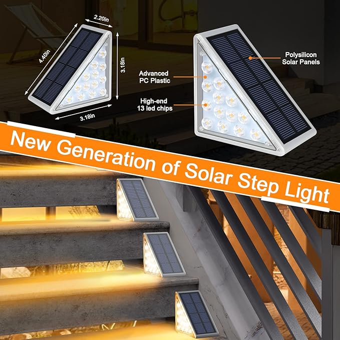 LED Solar Step Lights Waterproof Outdoor Stair Lights, Warm White Solar Deck Lights IP67 Solar Decoration Lights for Yard, Patio, Garden, Walkways, Front Door, Pathway, Driveway, Porch 2PK