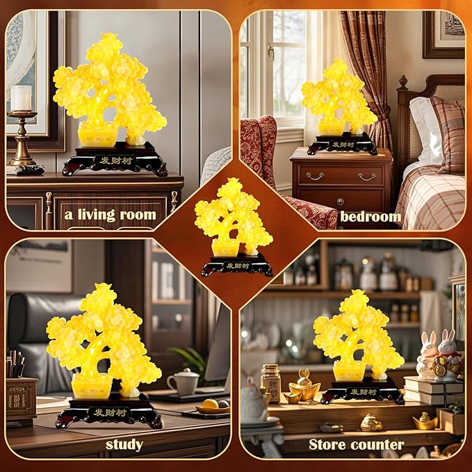 FENGSHUI-CAISHEN Top Resin Money Tree, Artificial Bonsai Tree, Handcrafted, Premium Quality, Feng Shui Gift for Abundance Luck and Success (Yellow)
