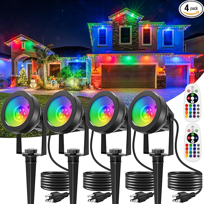 RGB Spotlights Outdoor, Color Changing Landscape Lights, Waterproof Spotlight with US Plug for Yard Tree Garden Path House Halloween Christmas Decoration, 4 Pack