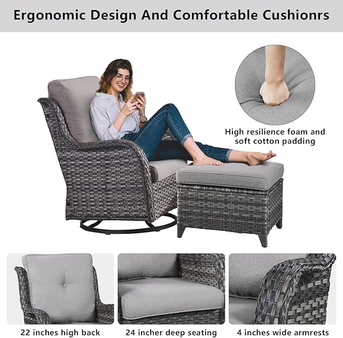 5 Pieces Patio Furniture Sets Wicker Outdoor Furniture, Rattan Patio Swivel Glider Chairs with 2 Ottoman and Glass Side Table