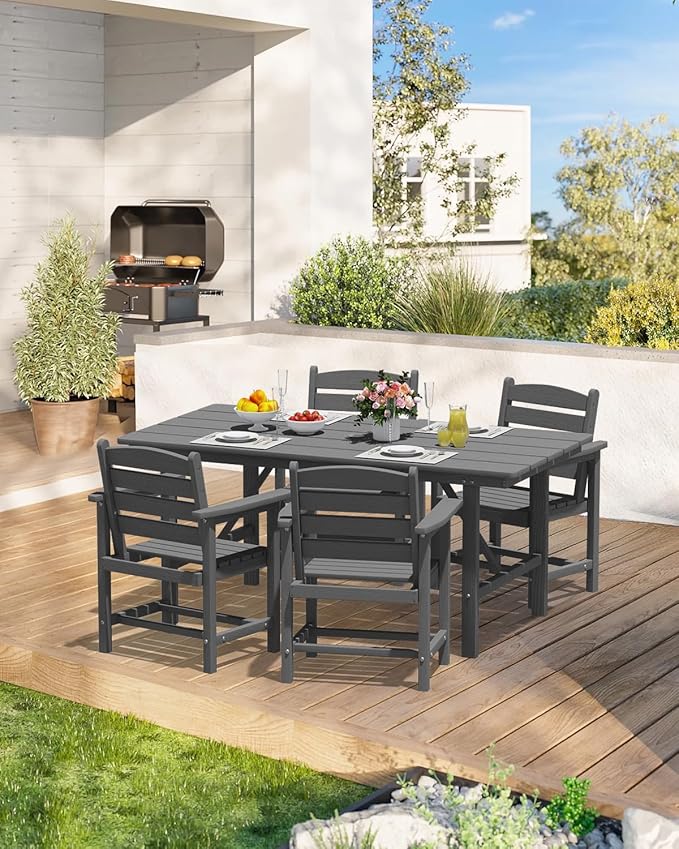 Patio Dining Set for 4 with Umbrella Hole - 66" Outdoor Table & 4 Chairs, All-Weather HDPE Outdoor Furniture for Lawn, Garden, Backyard, Poolside, Gray