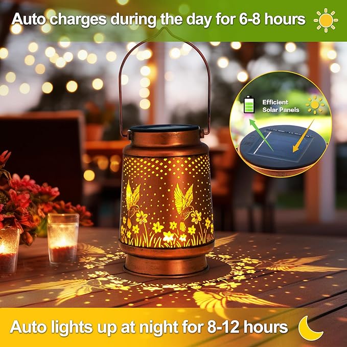 Mothers Day Gifts, Hummingbird Solar Lantern Outdoor Hanging, Metal Bird Decor Waterproof LED Decorative Light for Garden Patio Yard Lawn Backyard Front Porch, Birthday Gifts for Women Mom Grandma