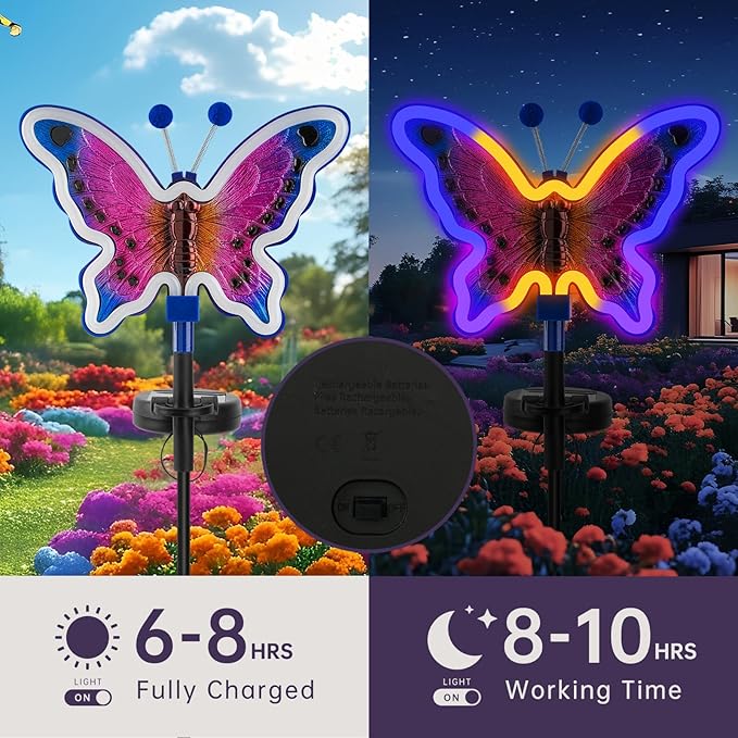 Solar Butterfly Lights, Butterfly Garden Solar Lights，Solar Lights Outdoor Decoration,Waterproof neon Outdoor lamp, Yard Patio Pathway Decor for Outside(Dark Blue, 2 Pack)