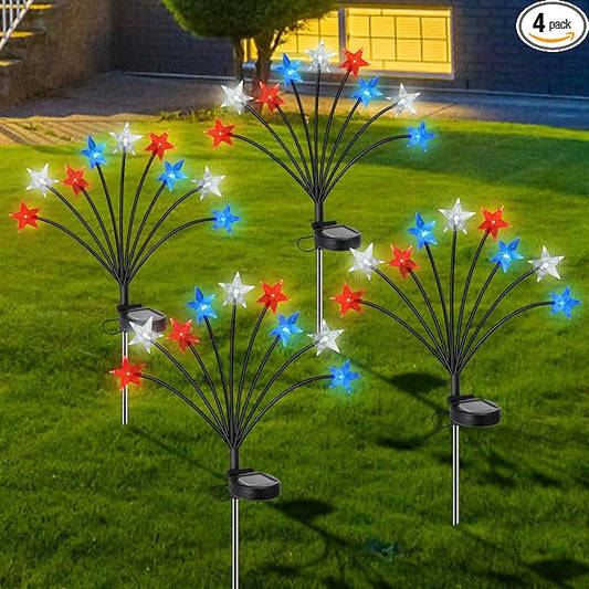 4th of July Decorations Solar Garden Lights, Fourth of July Red White and Blue Light Solar Lights Outdoor, Waterproof Patriotic Decor with 9 LED 2 Lighting Modes for Independence Day, 4 Pack