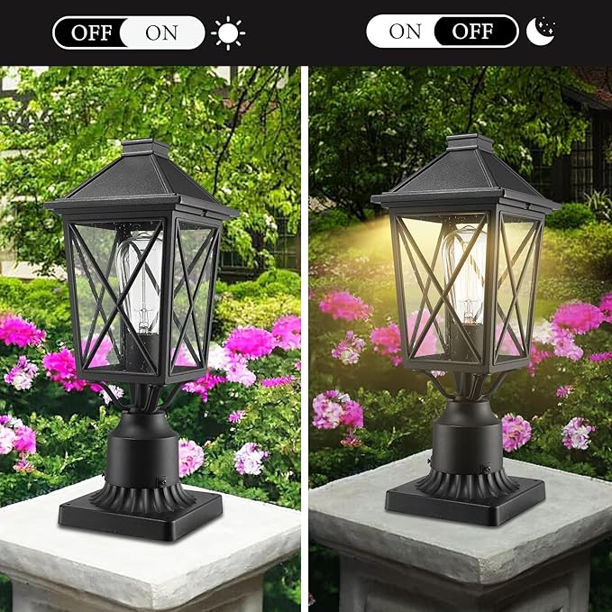 Darkaway Outdoor Post Lights, Aluminum Exterior Post Lantern Light Fixture with Seeded Glass, E26 Socket Fence Pole Deck Lighting for Garden Patio Pathway