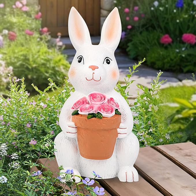 Brightever Solar Powered Outdoor Garden Statues- Rabbit with Flowers and 5 Colorful LED Lights, 11.8IN Outdoor Figurine Lights, Solar Garden Bunny Statue for Easter Decor, Gifts for Mom, Housewarming