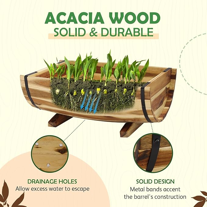 IDZO Solid Acacia Wood Half Barrel Planters Outdoor Set of 2 Different Sizes, Wooden Planters for Outdoor Plants with Metal Bands & Drainage Holes, Legs Included, Natural